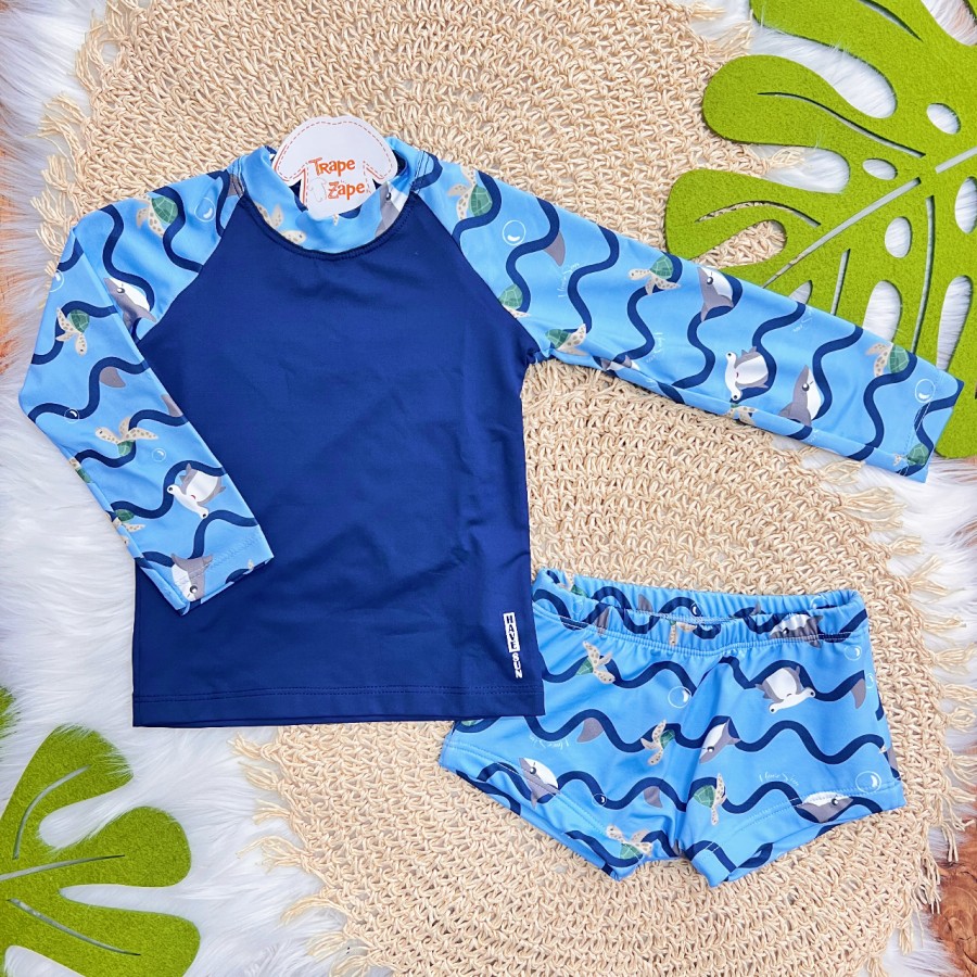 Linha Praia - Blusa Manga Longa Fundo do Mar com Proteção UV50+ e Sunga - Azul